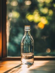 Poster - Glass bottle filled with water illuminated by sunlight in a cozy indoor setting with blurred greenery outside. Generative AI