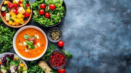 Poster - Fresh healthy salads and soup arranged with vibrant vegetables and herbs for nutritious eating : Generative AI