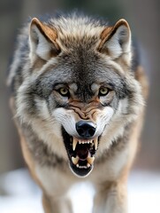 Poster - Close up of a fierce wolf displaying its teeth on a snowy background : Generative AI