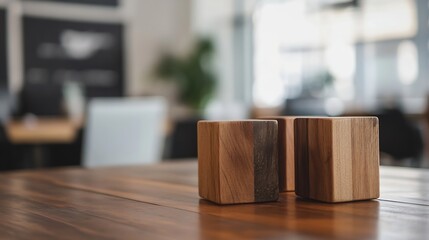 Poster - Two beautifully crafted wooden blocks on a rustic table in a modern workspace setting : Generative AI