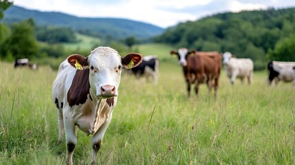 Poster - Curious brown and white cow standing in green pasture looking towards the camera with mountains : Generative AI