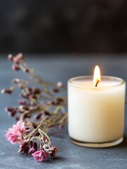 Aufkleber - Stylish candle burning next to delicate flowers creating a soothing and calming atmosphere for relaxation : Generative AI