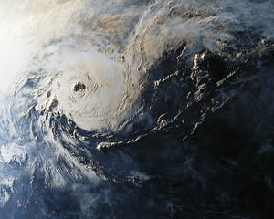 Poster - Aerial view of a powerful hurricane storm swirling over the ocean with a visible eye at the center, symbolizing nature's force and global weather systems.