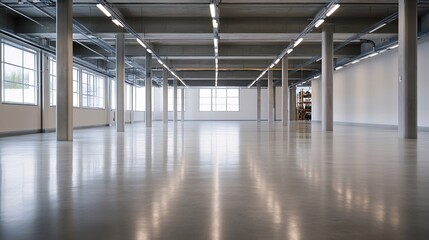 Aufkleber - Modern Spacious Empty Industrial Interior with Large Windows and Concrete Floor : Generative AI