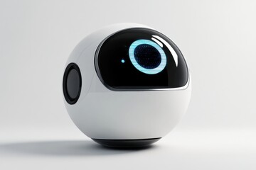 Poster - a sleek white spherical robot with a glowing blue screen and minimalist design stands on a white sur