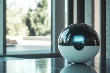Poster - A futuristic spherical robot device with a glowing blue screen stands in modern, minimalist interior, with a large window and vertical blinds, offering glimpse to the nature.