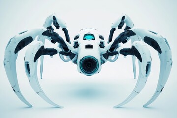 Poster - Futuristic white robotic drone with multiple curved arms and a prominent central camera lens, positioned against a bright, minimalist studio backdrop.