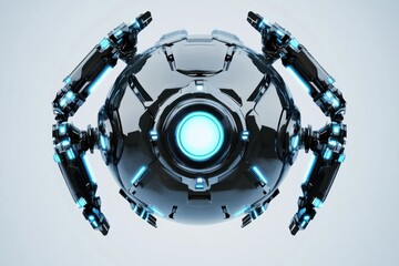 Poster - A futuristic metallic spherical robot with mechanical arms and a central glowing blue eye against a bright white backdrop, a high-tech surveillance drone concept.