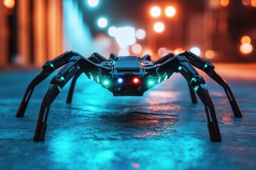 Poster - Futuristic robotic spider, patrolling a neon-lit city street at night, advanced technology with artificial intelligence, offering a glimpse into a cyberpunk dystopia.