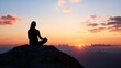 © Generative AI - Contemplative woman meditating on a mountain top during sunset exuding peace and tranquility : Generative AI