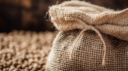 Poster - Natural burlap sack filled with coffee beans placed on a rustic wooden surface in warm lighting : Generative AI
