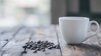 Aufkleber - Stylish white coffee cup with freshly roasted coffee beans on a rustic wooden table in a cozy setting : Generative AI