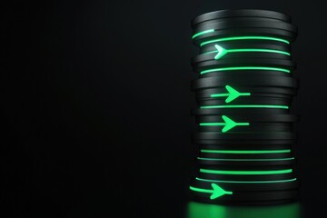 Poster - a futuristic rendering of a dark cylindrical structure with glowing green arrows, set against a star