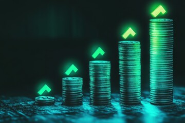 Poster - Rising stack of coins with green upward arrow, representing financial growth and investment, concept of success and increasing profit, on dark background
