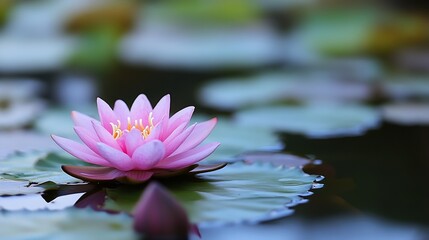 Poster - Beautiful pink water lily blooming gracefully on calm water surface surrounded by lily pads : Generative AI