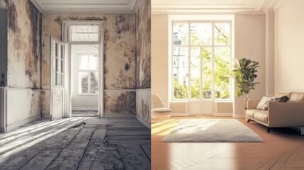 Poster - Transformation of a dilapidated apartment into a bright, modern living space with stylish interior design. Generative AI