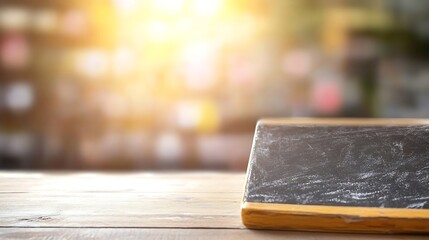 Poster - Close up of a chalkboard lying on a wooden table illuminated by soft background light : Generative AI