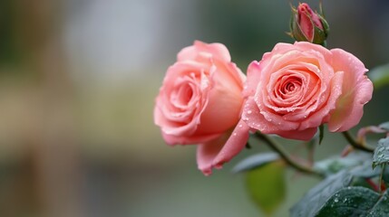Poster - Beautiful closeup of pink roses with dew droplets showcasing the delicate beauty of nature in a garden setting : Generative AI