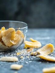Aufkleber - Dehydrated banana chips in a glass bowl with scattered pieces on a textured background for healthy snacking : Generative AI