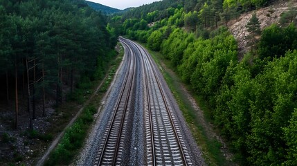 Aufkleber - Aerial View of Train Tracks Curving Through a Lush Green Forest Landscape : Generative AI