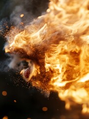 Poster - Dramatic portrait of a roaring lion composed entirely of vibrant flames and smoke : Generative AI