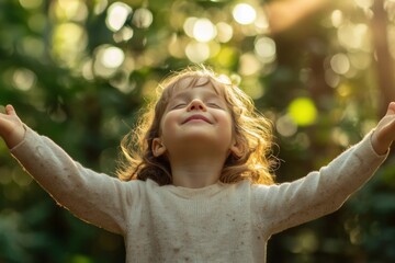 Poster - Child joyfully embraces nature in a sunlit garden during a serene moment of exploration. Generative AI