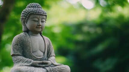 Aufkleber - Peaceful outdoor scene featuring a serene Buddha statue surrounded by lush greenery and soft natural light : Generative AI