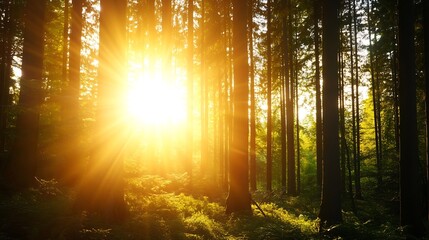 Aufkleber - Golden sunlight piercing through lush green trees in a serene forest setting : Generative AI