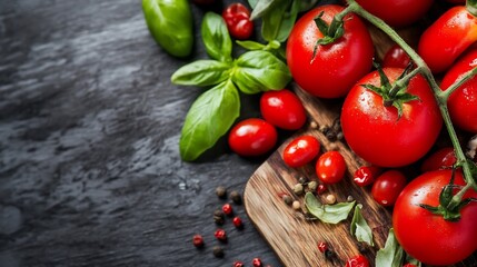 Poster - Fresh ripe tomatoes and basil leaves beautifully arranged on a wooden cutting board with vibrant color contrast : Generative AI