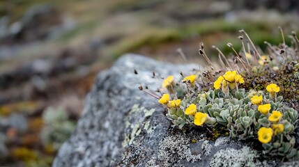 Aufkleber - Vibrant Yellow Wildflowers Blooming on a Rocky Terrain in Nature : Generative AI