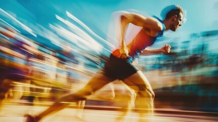 Poster - Runner transforms from tired novice at start line to strong champion in blurred motion after a competitive race. Generative AI