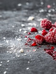 Poster - Closeup of fresh raspberries and vibrant red fruits scattered on dark background garnished with sugar : Generative AI