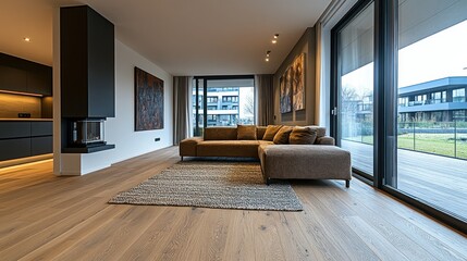 Wall Mural - Modern living room, open concept, contemporary apartment, city view