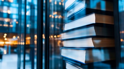 Poster - Stunning close up of stacked books reflected in modern glass architecture during evening light : Generative AI