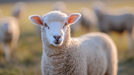 Poster - Charming close up of a curious sheep in a lush green field surrounded by fellow flock members : Generative AI