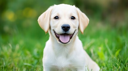 Poster - Adorable smiling puppy sitting in green grass with a joyful expression : Generative AI