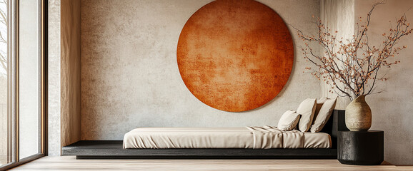 Poster - Modern minimalistic bedroom with a low platform bed, neutral bedding, and a decorative vase with branches, featuring a large circular wall art, symbolizing tranquility and simplicity.