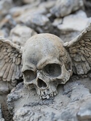 Poster - Intricate sculpture of a winged skull resting among rocks showcasing artistic creativity and macabre themes : Generative AI