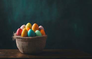 Poster - Colorful Easter eggs in a jute basket on a dark background, with copy space. Vintage color style. Minimalist.