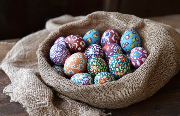 Poster - A burlap sack filled with hand-painted Easter eggs, showcasing the intricate designs and vibrant colors of each egg on an antique wooden table.