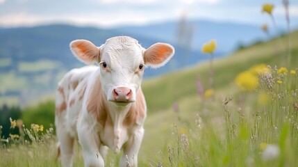 Poster - Charming calf calmly posing in lush green meadow under a clear blue sky : Generative AI