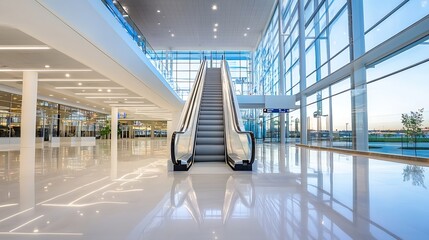 Poster - Bright and spacious modern airport interior with escalators and large windows : Generative AI