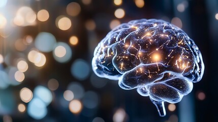 Aufkleber - Abstract visualization of a human brain illuminated with glowing connections and lights : Generative AI