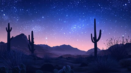 Poster - tranquil ambiance of a desert evening where outlines of cacti and rocks are lit up by sparkling radiance of stars