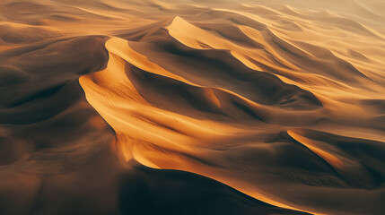 Poster - Aerial view of expansive sand dunes with smooth, flowing curves and warm golden tones, showcasing the vastness and natural beauty of a desert landscape.
