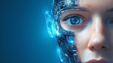 Poster - A striking half-human, half-robot face showcases intricate technology and artificial intelligence