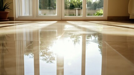 Leinwandbilder - Shiny polished floor reflecting natural light in a bright and airy room with large windows : Generative AI