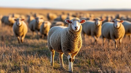 Aufkleber - Curious sheep walking towards the camera in a grassy field during sunset : Generative AI