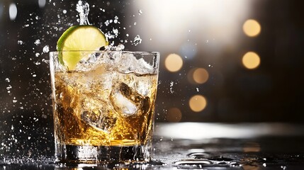 Poster - Refreshing cocktail splashing in a glass with ice and lime surrounded by bokeh lights for vibrant nightlife : Generative AI