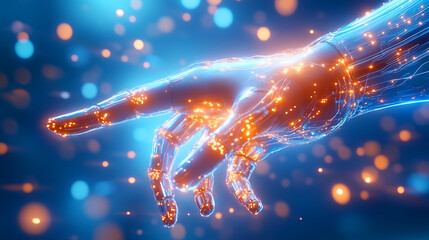 Poster - A detailed depiction of a robotic hand extending forward, adorned with glowing particles that illuminate the blue background. The scene evokes a sense of technology and innovation